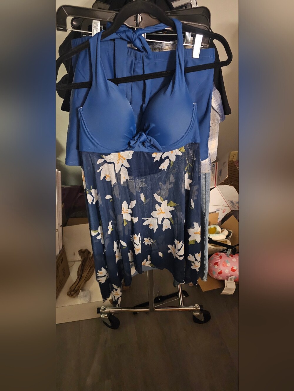 Blue Floral Mesh Swimsuit With Boy Short Bottoms- Women